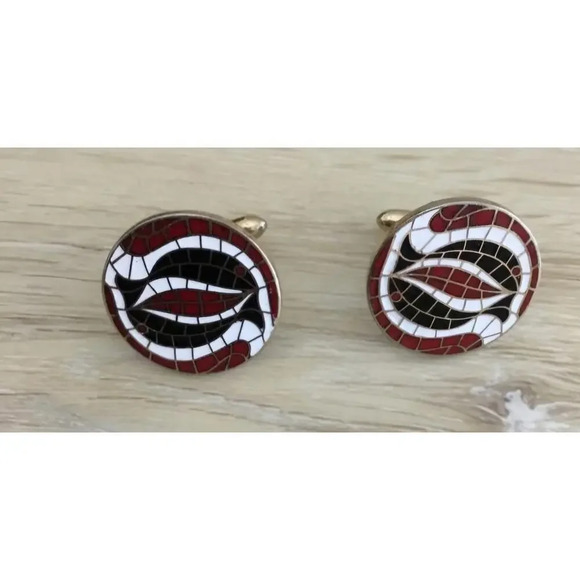 Vintage Cufflinks Swank Mosaic Gold Tone with Red Black‎ Dolphin Fish Eye Design - Picture 1 of 3